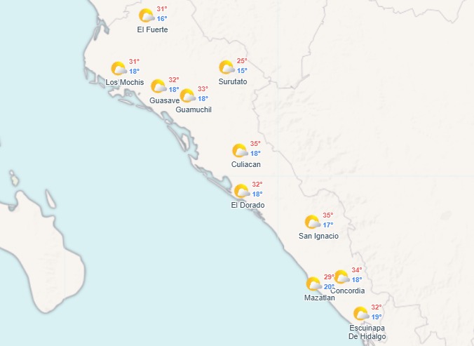 Imagen satelital de Sinaloa indicando las termperaturas máximas y minimas por región
