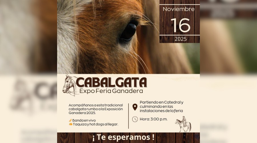 Anuncio oficial de la cabalgata de la Expo Feria Ganadera donde se ve el ojo de una vaca en la parte de arriba y a su vez en la parte de abajo toda la información de lugar y horarios en los que se realizara