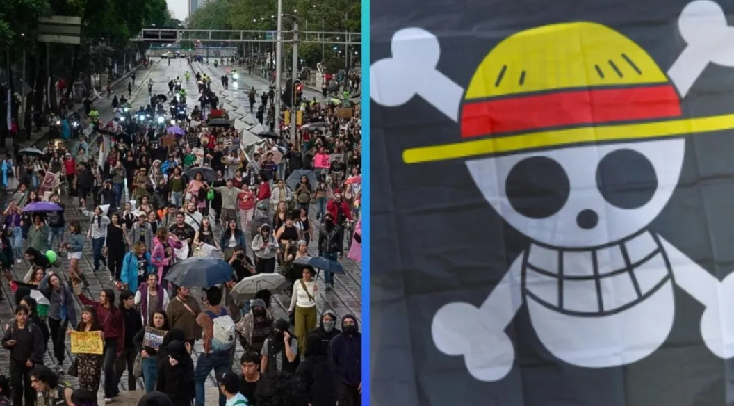 Personas protestando y bandera de One Pice