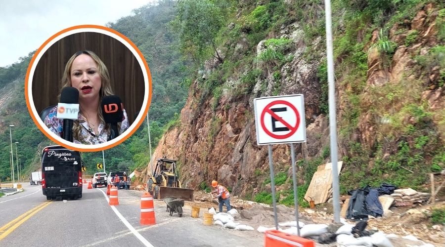 Construcción de una carretera en zona montañosa tipo cierra con carros y camiones pasando y en un círculo Dulce Ruiz Castro, presidenta de la Asociación Mexicana de Mujeres Jefas de Empresas