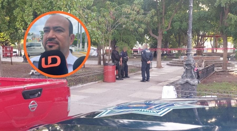 Plazuela de Los Mochis con policías y cinta roja