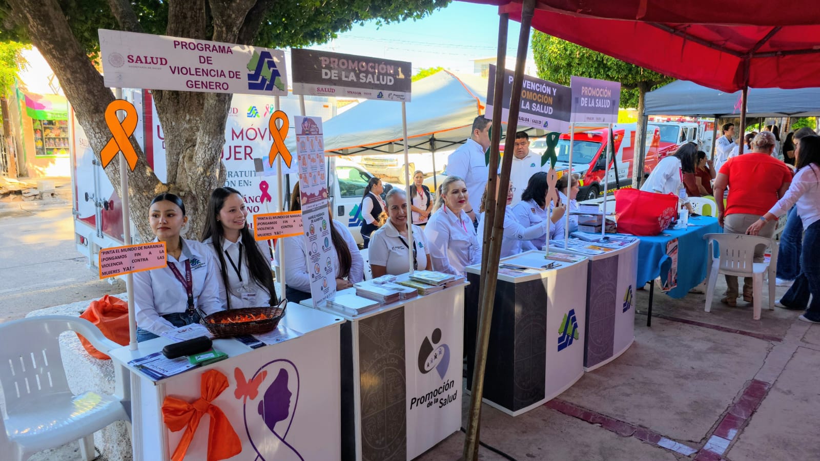Stands informativos de distintas instituciones de salud con personal que brinda atención a quienes se acerquen