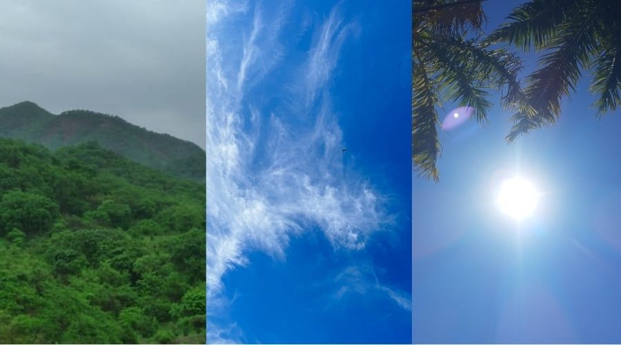 Cielo en nublado, cielo azul con pocas nubes y cielo con sol ardiente