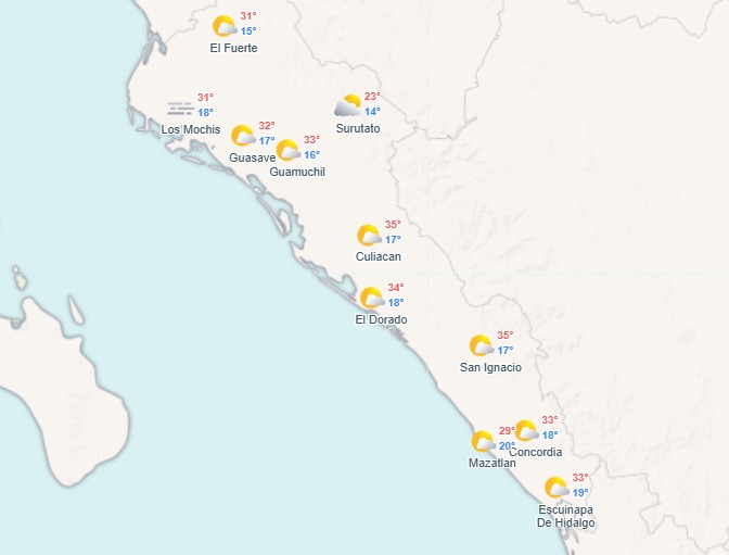 Imagen satelital de Sinaloa indicando las temperaturas máximas y minimas por región