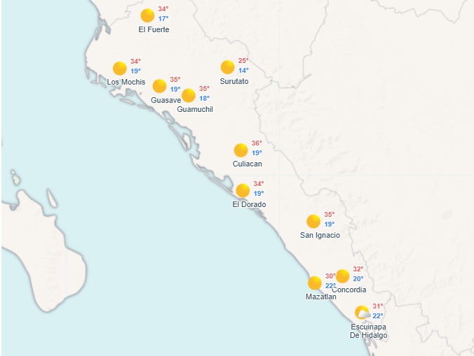Imagen satelital de Sinaloa con el clima que se pronostica por región