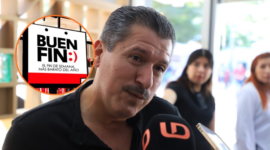 Óscar Sánchez Beltrán, presidente de la Unión de Comerciantes de Culiacán dando declaraciones a los medios y en un circulo pequeño arriba a la izquierda el logo del Buen Fin