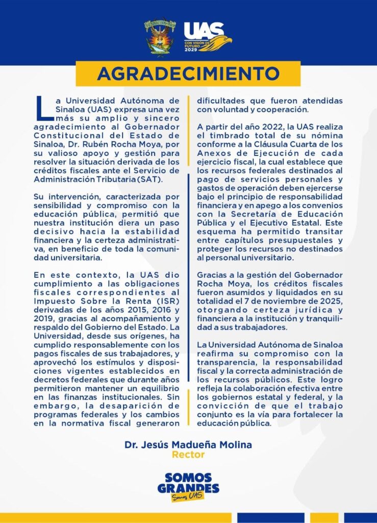 Comunicado de la UAS