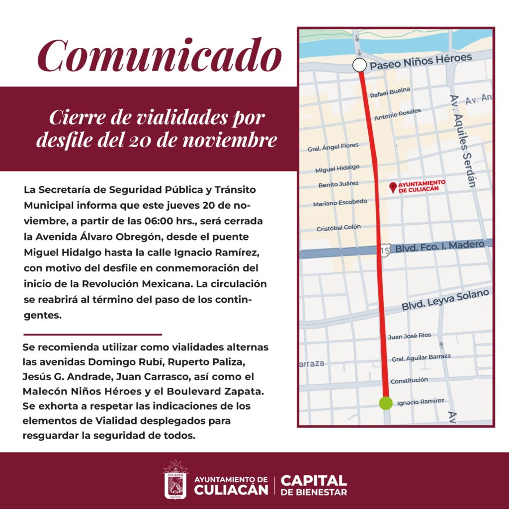 Comunicado de cierre de vialidad con el croquis de las calles que estarán inhabilitadas
