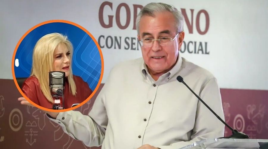 Gobernador de Sinaloa, Rubén Rocha Moya y en un círculo la titular de la Secretaría de Transparencia y Rendición de Cuentas de Sinaloa, María Guadalupe Ramírez Zepeda.