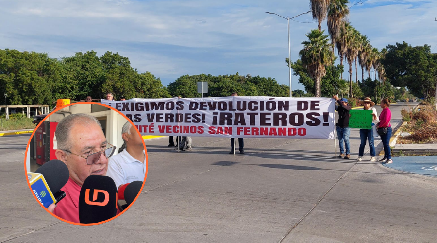Cutberto Ríos en un circulo y al fondo personas sosteniendo un banner en manifestación