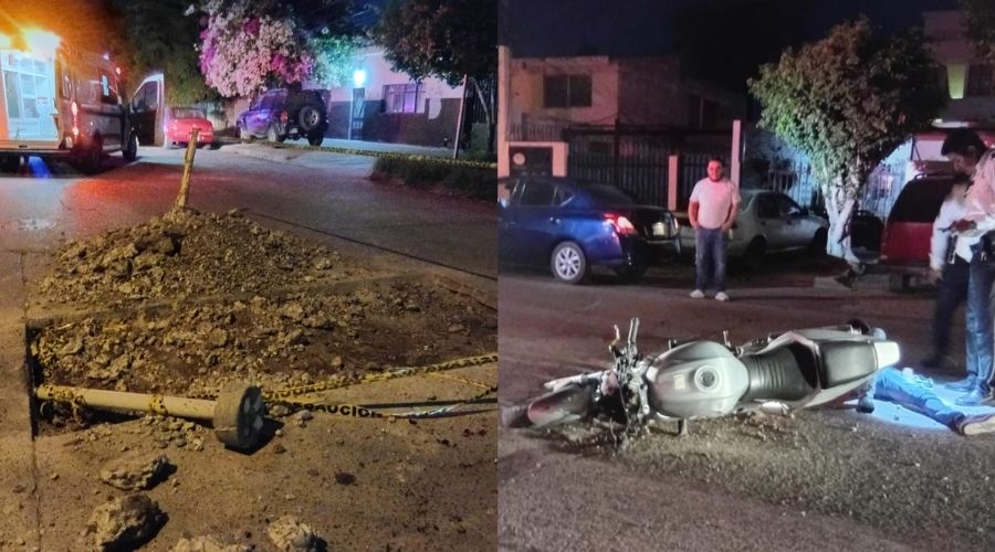 Zanja en la calle con una motocicleta sobre el pavimento