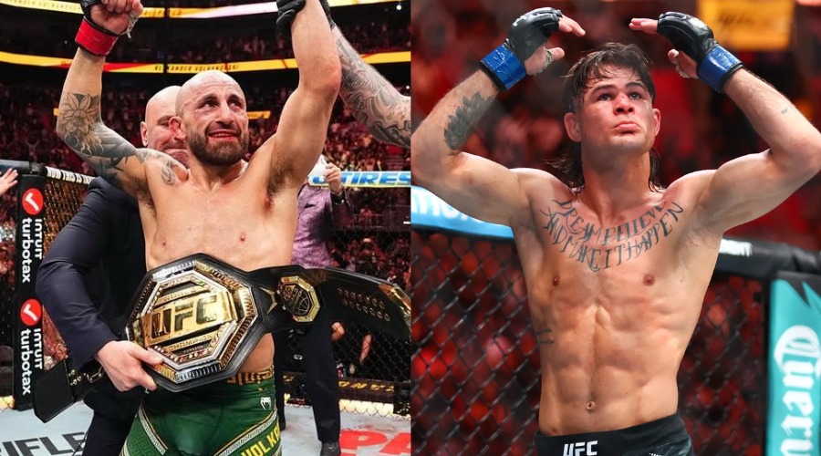 Diego Lopes con los brazos arriba junto a Alex Volkanovski