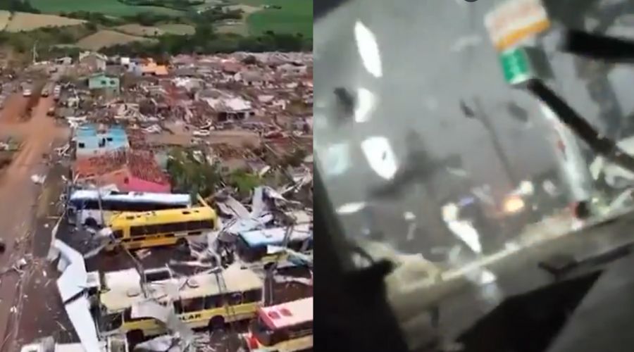 Dos imagenes de la destrucción del tornado en Brasil