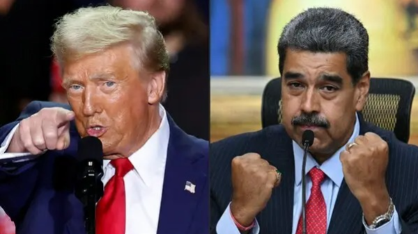 Dos fotos de Donald Trump apuntando y de Nicolas MAduro con puños en alto