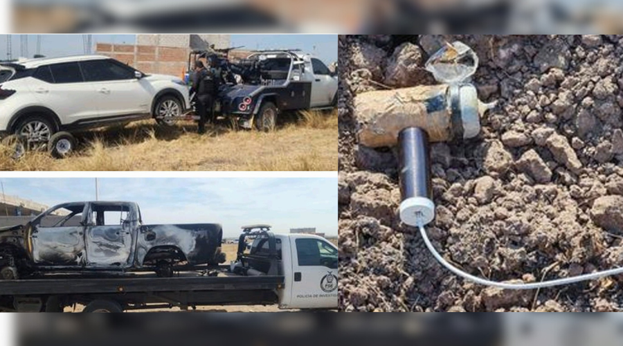 Dos vehículos siendo llevados por grúas y a la derecha un explosivo