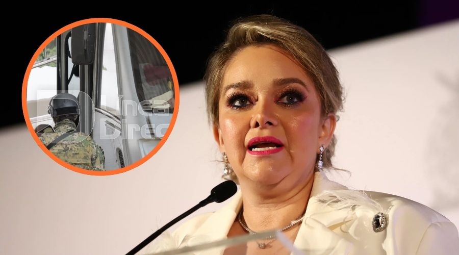 Eneyda Rocha hablando en micrófono (fondo), camión donde trasladaban a los menores de edad hacía estancia de Los Mochis (circulo izqueirdo)