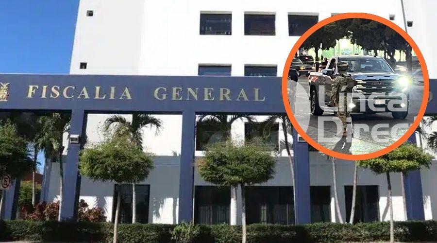 Fachada de la Fiscalía General de Sinaloa junto a camioneta baleada