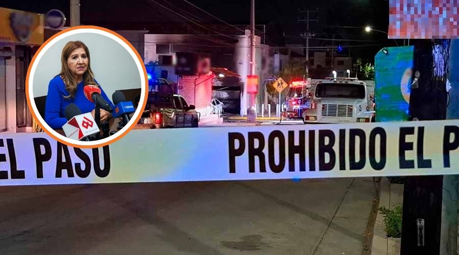 De fondo escena de la fachada de una escuela vandalizada e incendiada y en un círculo Tere Guerra
