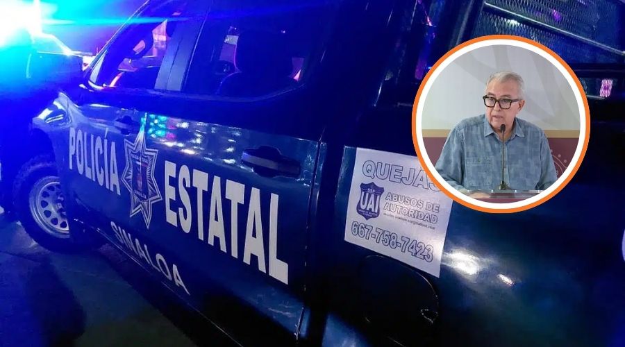 Unidad de la policía estatal de Culiacán con las luces encendidas y en un círculo el gobernador de Sinaloa, Rubén Rocha Moya