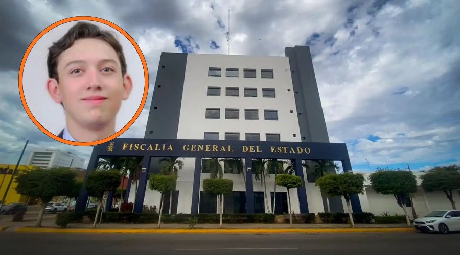 Frente de la FGE de Sinaloa, cielo lleno de nubes, de lado izquierdo circulo con fotografía del joven desaparecido de Mazatlán