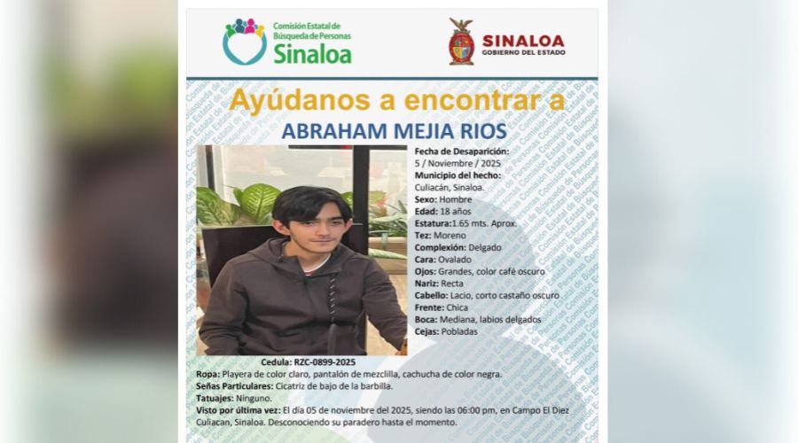Ficha de búsqueda de Abraham Mejia Rios desaparecido en Culiacán,