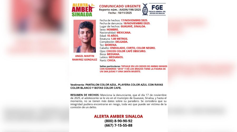 Ficha de búsqueda de Alerta Amber Sinaloa en la que se describe las características de la persona desaparecida