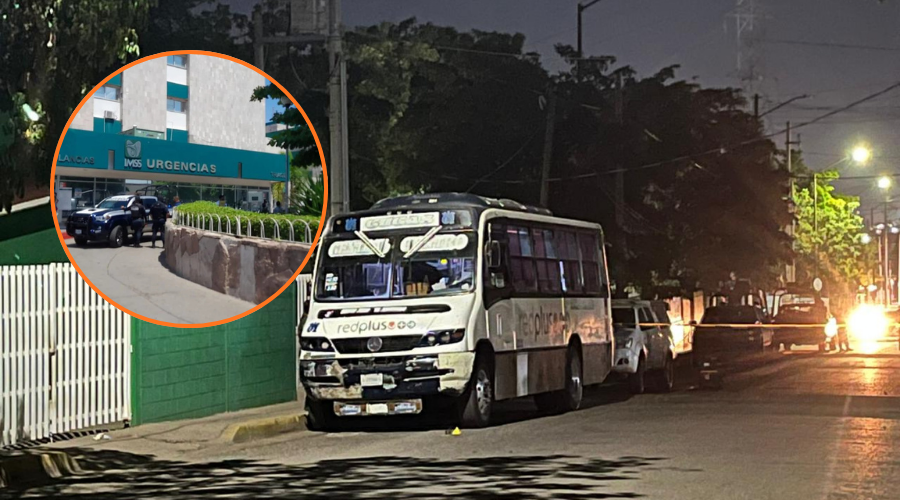 En grande un camión urbano de Culiacán estacionado en una calle de noche, en un circulo arriba a la izquierda las instalaciones de urgencias del IMMS Culiacán