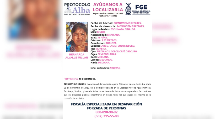Ficha de busqueda de Bernarda Alvalle donde vienen todos sus datos personales y en la parte de arriba a la izquierda su foto para identificarla