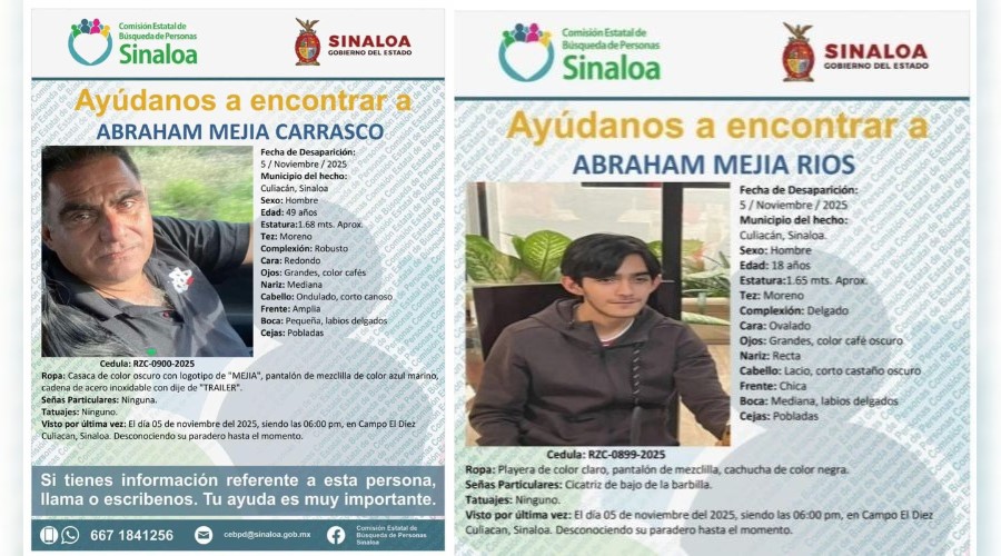 Dos fichas de búsqueda emitidas por la Comisión Estatal de Búsqueda de Personas, a la izquierda la ficha del padre y a la derecha la ficha del hijo, ambas con sus respectivas fotografías de los desaparecidos y descripción de características físicas.