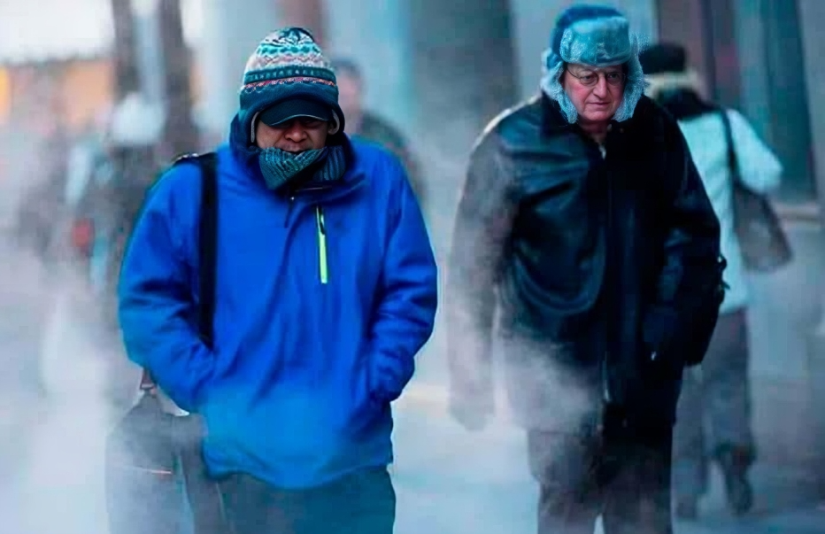 Dos personas caminando por la calle abrigadas mientras que se ve una brisa bastante helada corriendo por el costado izquierdo