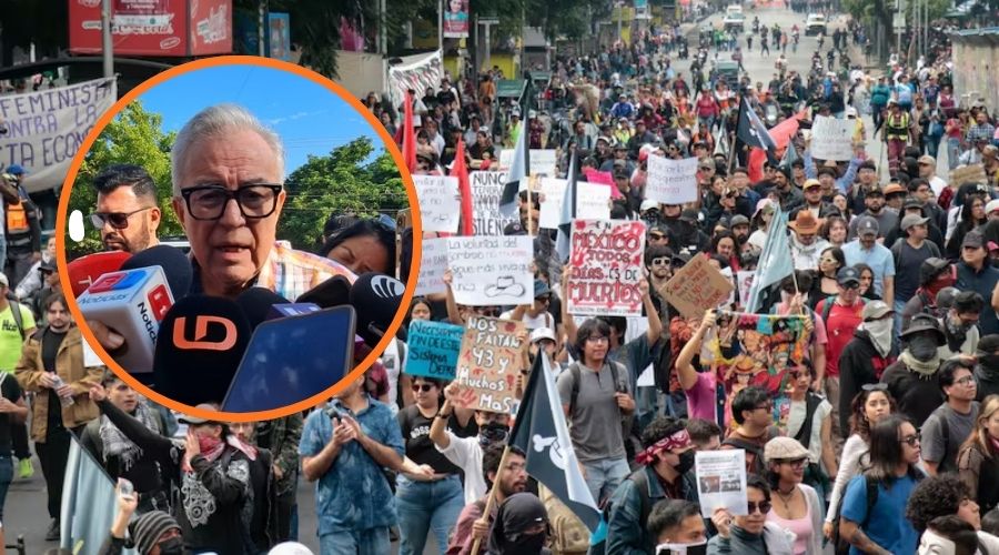 Imagen de la marcha de la Generación Z y en un círculo el gobernador de Sinaloa, Rubén Rocha Moya