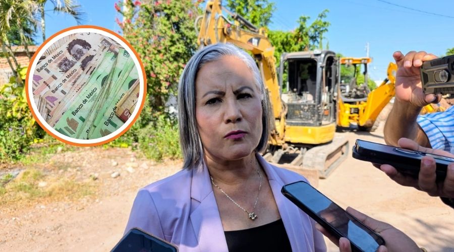 Alcaldesa de Salvador Alvarado, Guadalupe López González y en un círculo una imagen temática de billetes