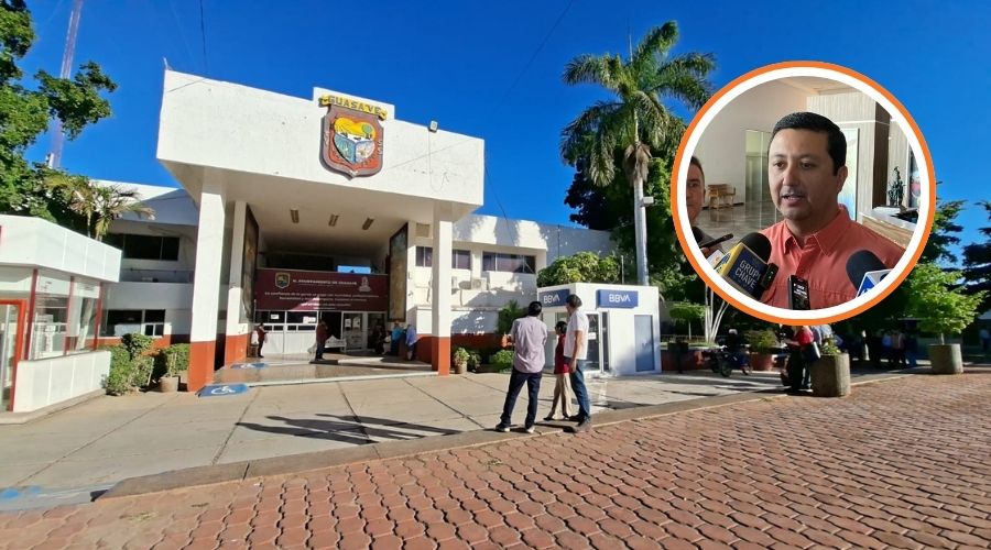 ayuntamiento de Guasave y en un círculo el secretario del Ayuntamiento, Feliciano Valle Sandoval