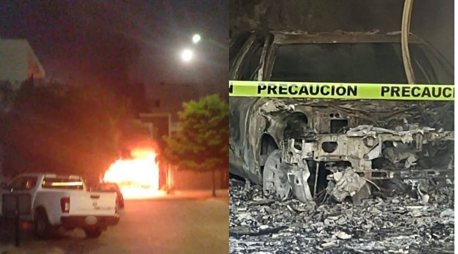 Imagen de incendio en casa en Portalegre, Culiacán, en el otro lado un auto calcinado con una cinta amarilla de precaución