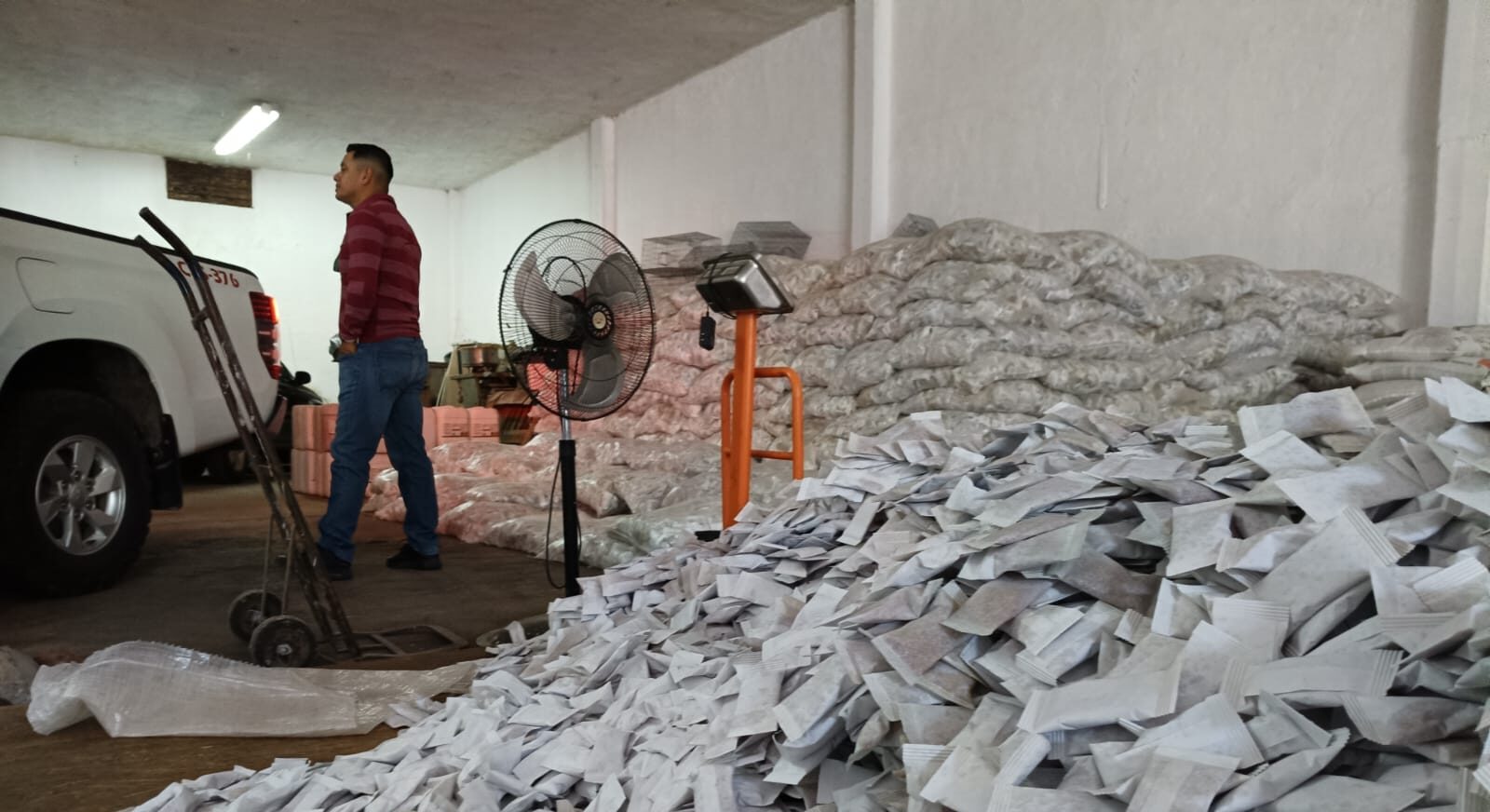 Sobres acumulados en contra de la rata de campo y una persona en bodega