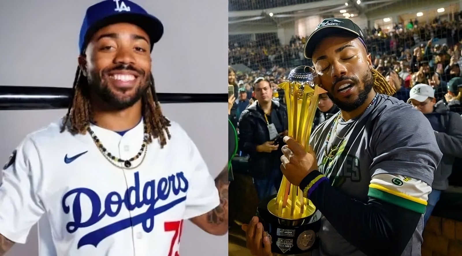Justin Dean con jersey de Dodgers y con la copa LMP