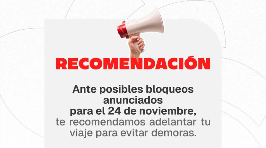 Recomendación emitida por una línea de autobuses ante aviso de bloqueos en Sinaloa