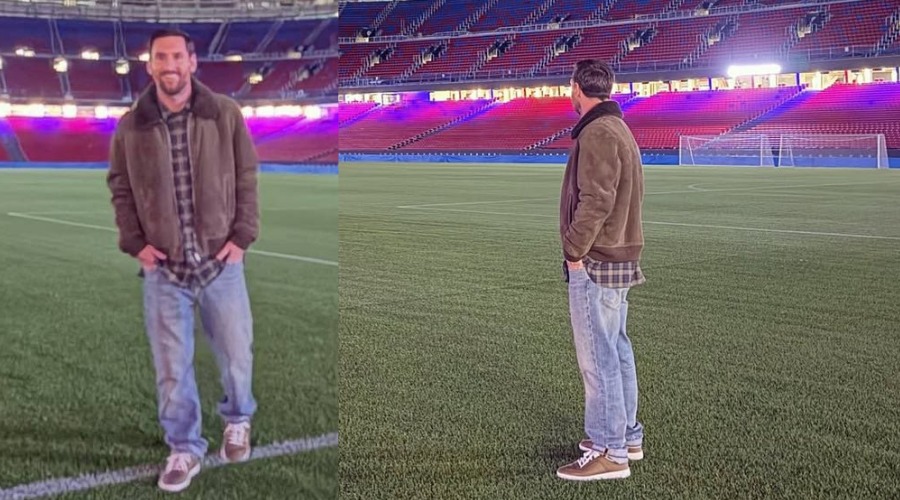 Lionel Messi con chamarra café en su visita al Camp Nou