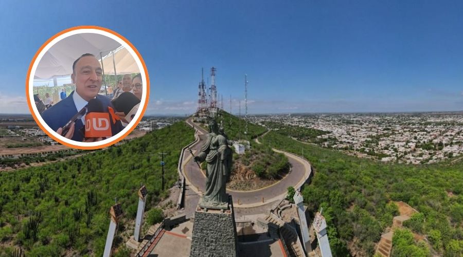 Imagen de la Virgen del Valle del Fuerte en el cerro de la Memoria en Los Mochis y en un círculo el alcalde de Ahome, Antonio Menéndez de Llano Bermúdez