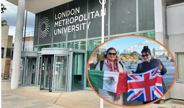 María de los Ángeles Castellanos (bandera de Londres) y Miriam Pérez (bandera de México)