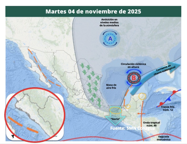 Mapa de potencial de tormentas en México hoy 4 de noviembre de 2025. Sinaloa sin probabilidad. SMN