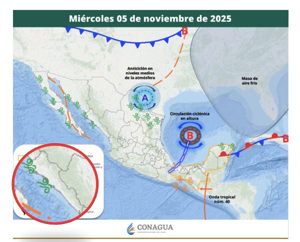 Imagen satelital de México, destacando Sinaloa en un círculo rojo, indicando la baja probabilidad de lluvias en el país