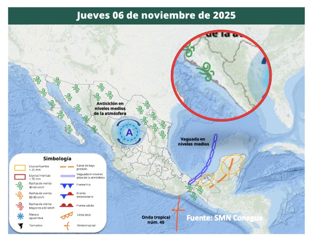 Imagen satelital de México que representa la probabilidad de tormentas