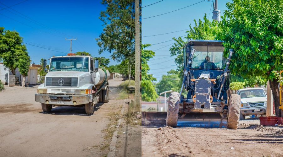 Pipa de agua viendo hacia el frente y una retroexcavadora de la parte trasera en una calle de terracería