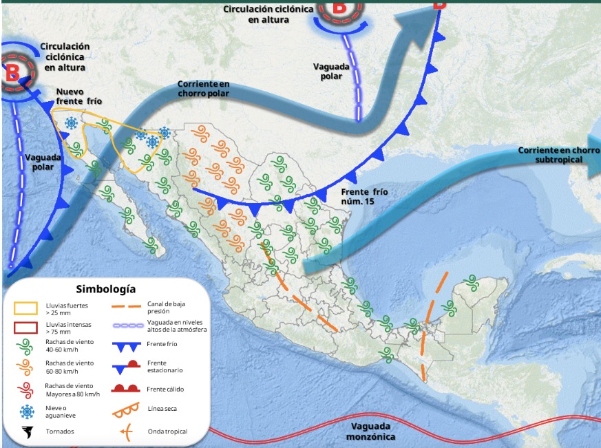 Imagen satelital de México que indica la presencia de dos frentes fríos en México