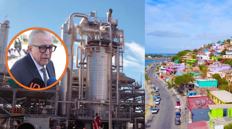 Rubén Rocha Moya en circulo a la izquiera, de fondo empresa de Metinol y a la derecha imagen de Topolobampo desde las alturas donde se aprecían las casas de colores de la región