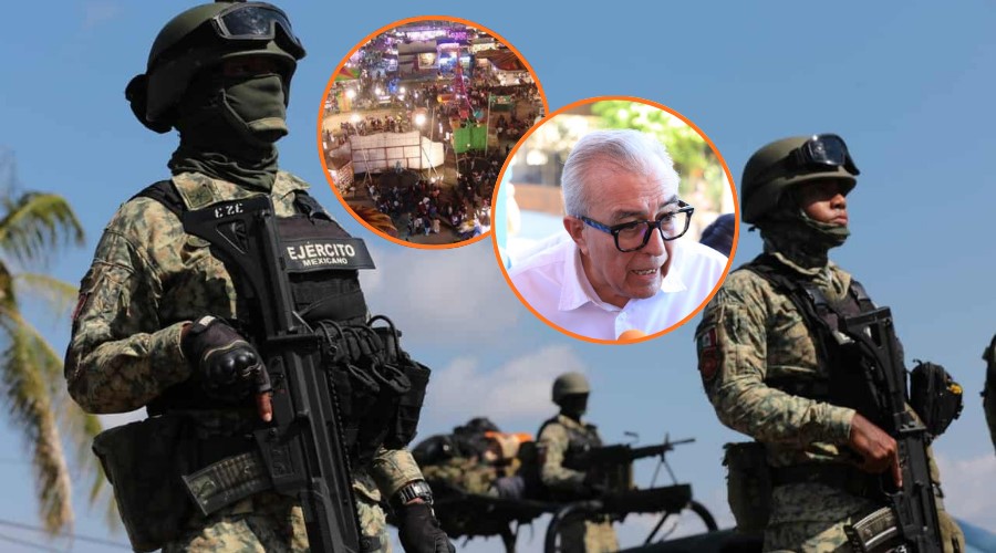 En grande militares del Ejercito Mexicano encapuchados y armados mirando hacia el frente, en la parte de arriba dos fotografías, una de la feria ganadera en en funcionamiento y en la otra el Gobernador de Sinaloa Rubén Rocha Moya dando declaraciones a los medios