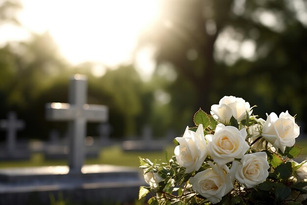 Flores blancas en un cementerio, hay una cruz al fondo