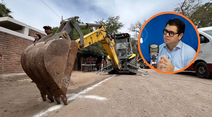 Imagen de una retroescavadora arreglando un drenaje y en un círculo Raúl Montero Zamudio, secretario de Obras Públicas