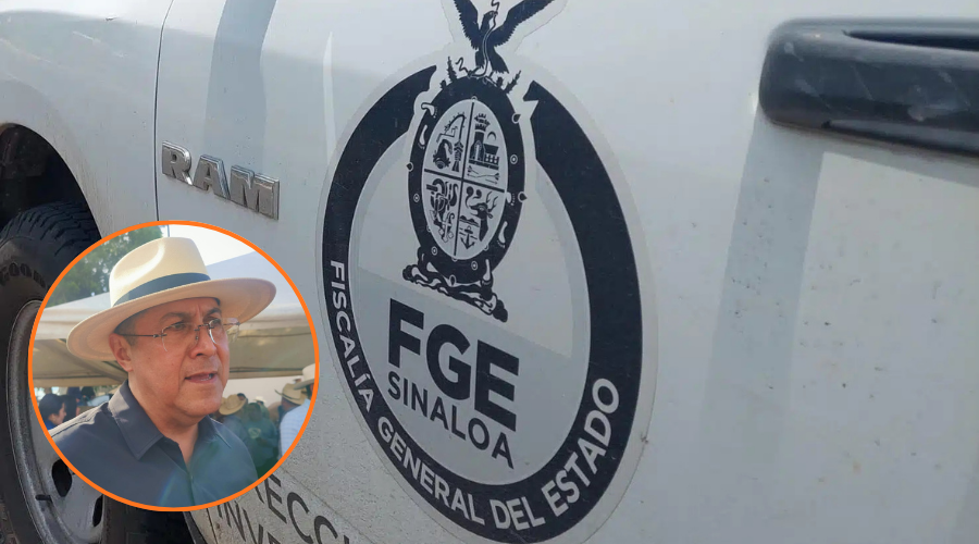 Unidad de la FGE color blanco con el logotipo estampado en la puerta, a la izquierda en un circulo El secretario de Seguridad Pública de Sinaloa, Óscar Rentería Schazarino dando declaraciones a los medios